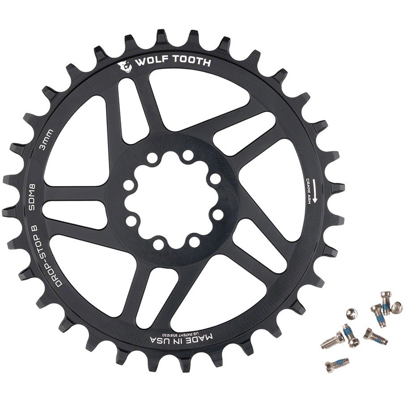 Wolf Tooth Direct Mount Chainring – 36t, SRAM Direct Mount, Drop-Stop B, For SRAM 8-Bolt Cranksets, 3mm Offset, Black