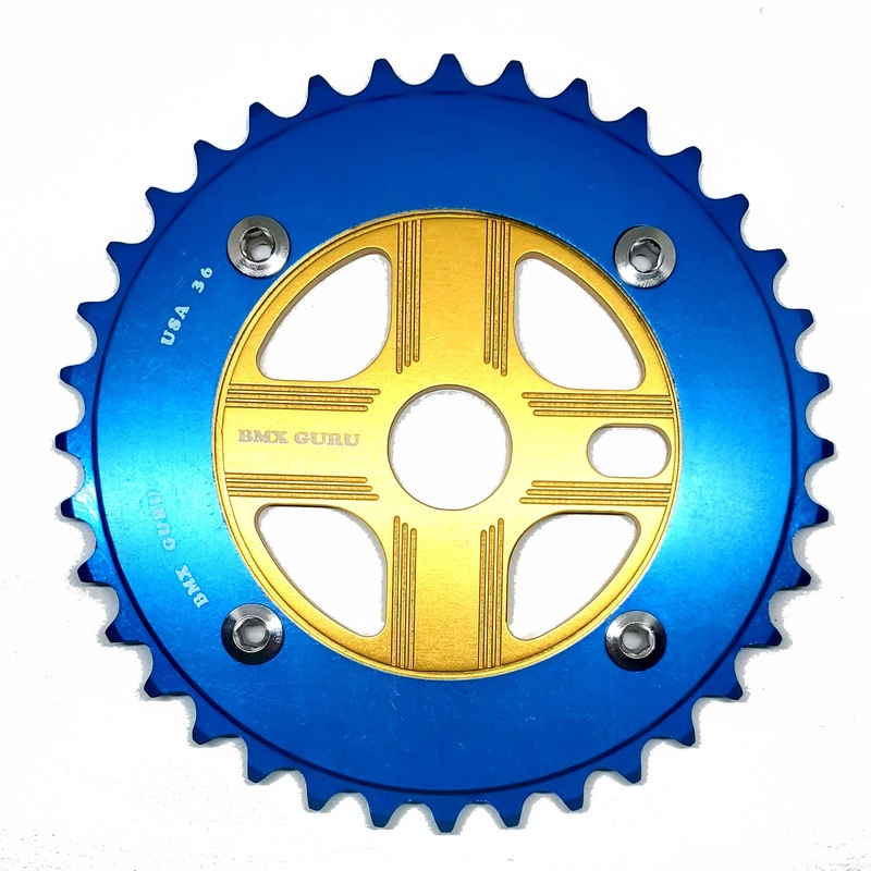 BMXGuru 36T Aluminum Spider & 4-bolt Chainring Combo – Blue over Gold – USA Made