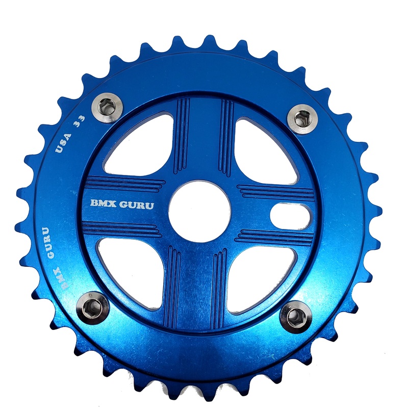 BMXGuru 33T Aluminum Spider & 4-bolt Chainring Combo – Blue over Blue – USA Made