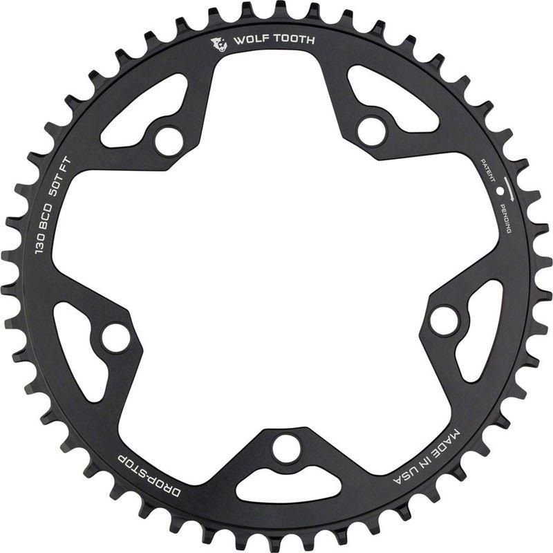 Wolf Tooth 130 BCD Road and Cyclocross Chainring – 50t 130 BCD 5-Bolt Drop-Stop 10/11/12-Speed Eagle and Flattop Compatible Black