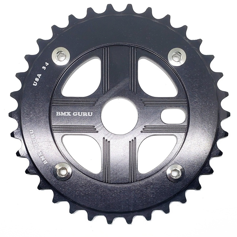BMXGuru 34T Aluminum Spider & 4-bolt Chainring Combo – Black over Black – USA Made