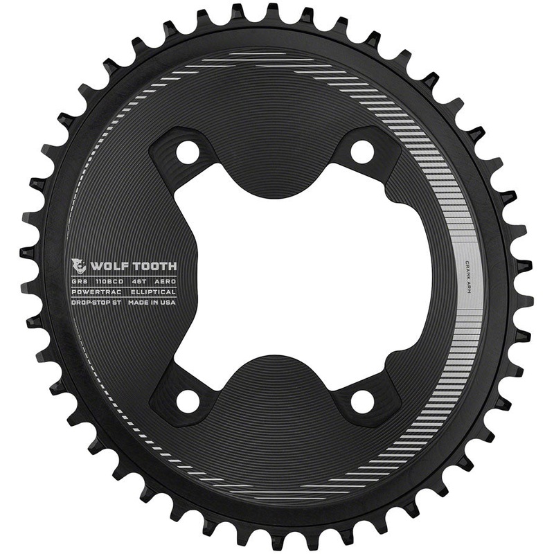 Wolf Tooth Elliptical Aero 110 Asymmetric BCD Chainring – 46t 110 Asymmetric BCD 4-Bolt Drop-Stop ST For Shimano GRX 800 Series BLK