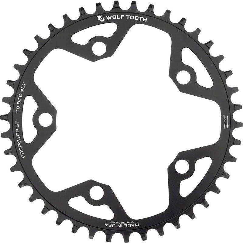 Wolf Tooth 110 BCD Gravel CX and Road Chainring – 42t 110 BCD 5-Bolt Drop-Stop ST For Shimano HG and KMC 12-Speed Chains Black