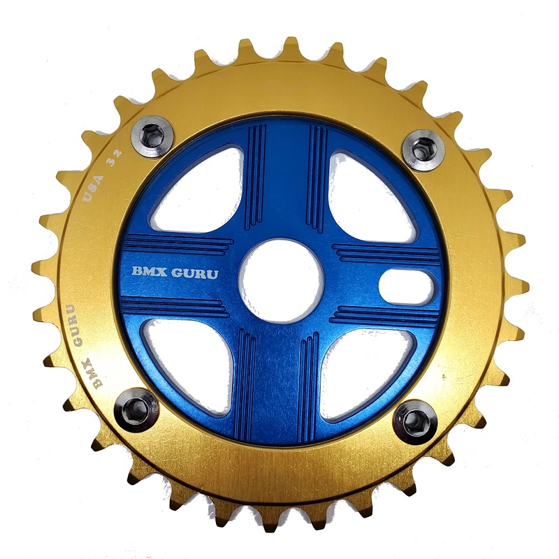 BMXGuru 32T Aluminum Spider & 4-bolt Chainring Combo – Gold over Blue – USA Made