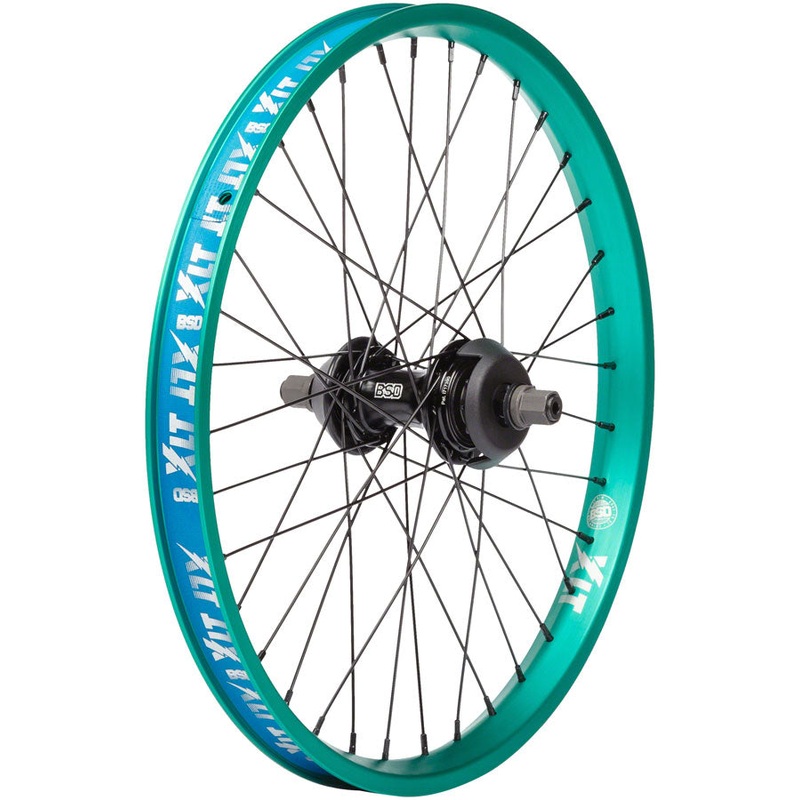 XLT Revolution Rear Wheel – 20″ 14 x 110mm Rim Brake Freecoaster RHD BLK/Teal 36H